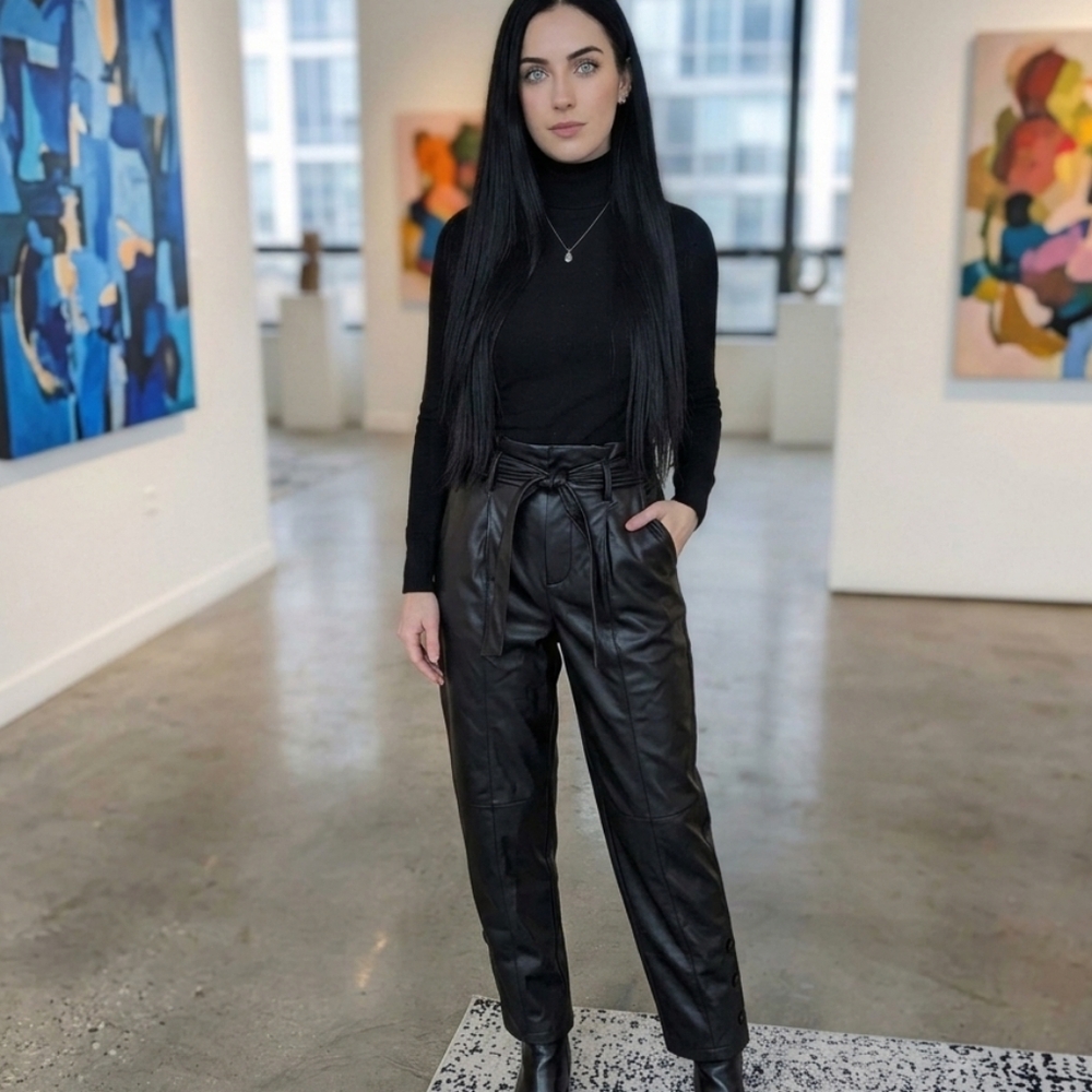 Ryegrass Black Faux Leather Button Ankle Pants tied-belt buttons size 8 Edgy